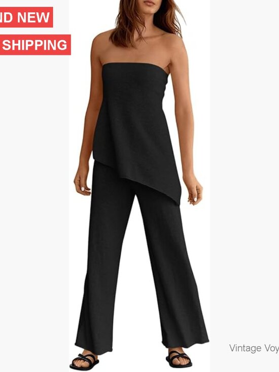 Medium Knit Matching Lounge Set Asymmetrical Tube Top Wide Leg Pants